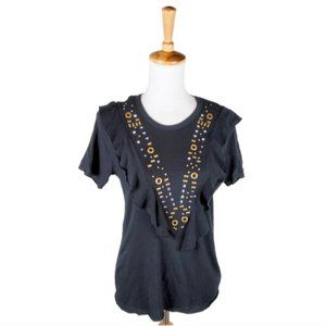 Wildfox Urban Cowgirl Embellished Ruffle Lucienne Tee Black Size Small